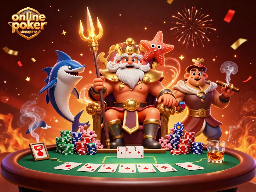 Experience exciting online poker Singapore with Neptune, poker chips, and winning cards in a vibrant casino scene.