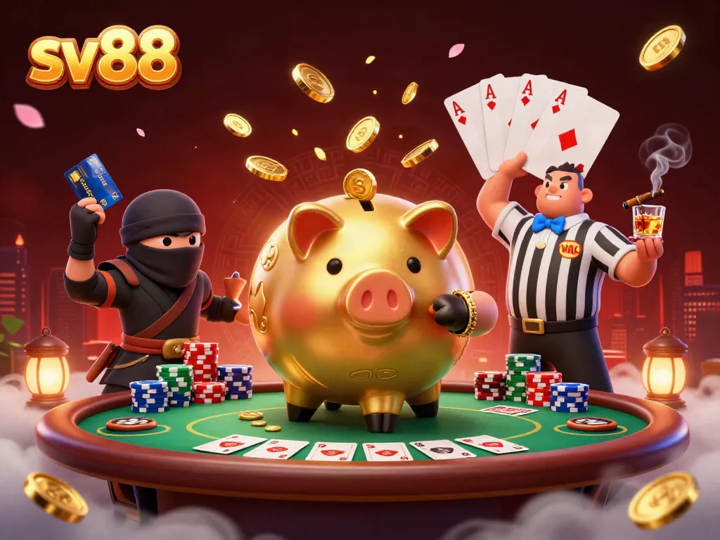Unleash winning strategies at sv88 with vibrant casino action featuring a golden piggy bank sumo wrestler.