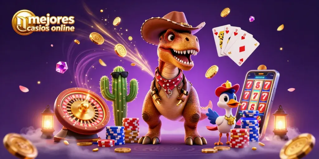 Interacción emocionante en los mejores casinos online con dinosaurios y personajes de casino.