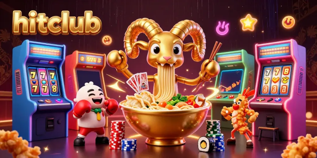 Hitclub's vibrant 3D casino scene featuring animated ramen bowl characters stacking chips and dealing cards.