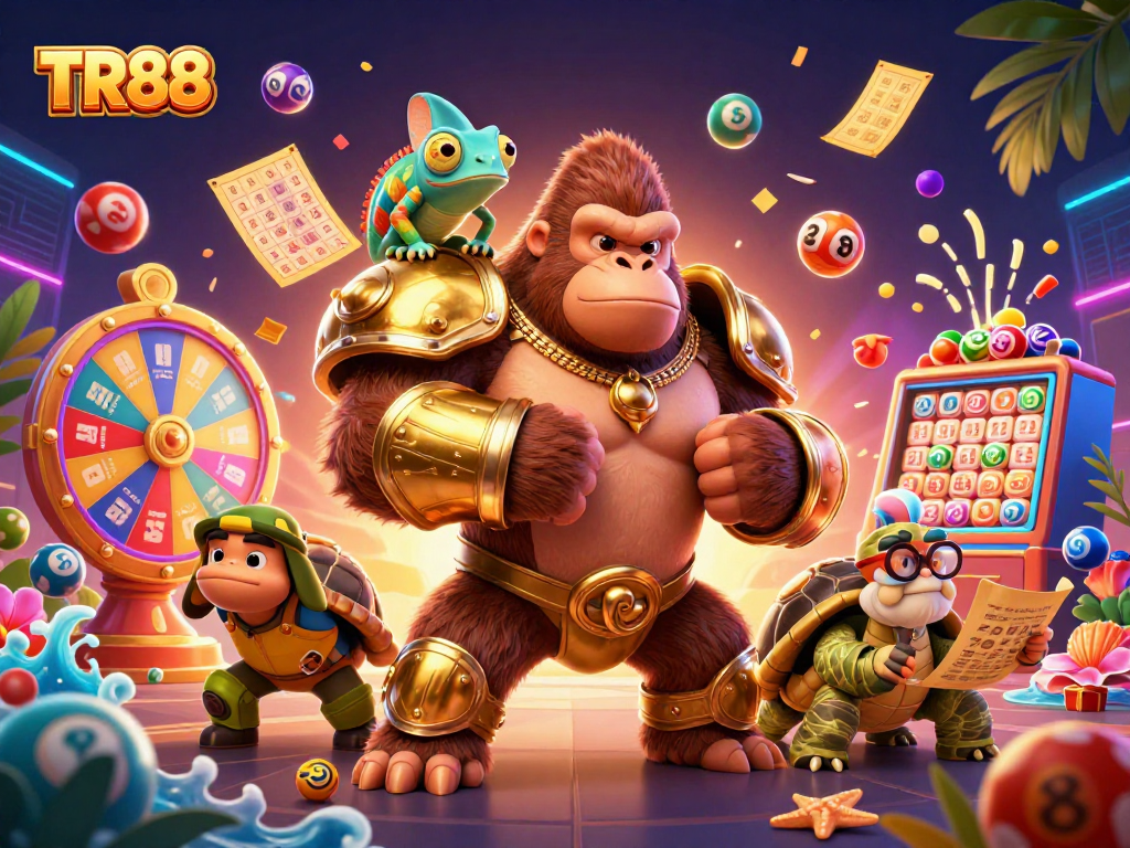 Experience TR88’s excitement with a vibrant scene of a gorilla king, chameleon, and tortoise amidst dynamic casino elements.