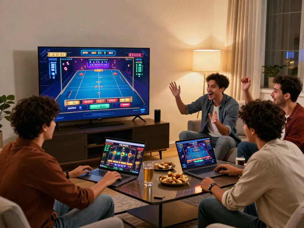 Friends enjoying online gambling at home with red88 games.