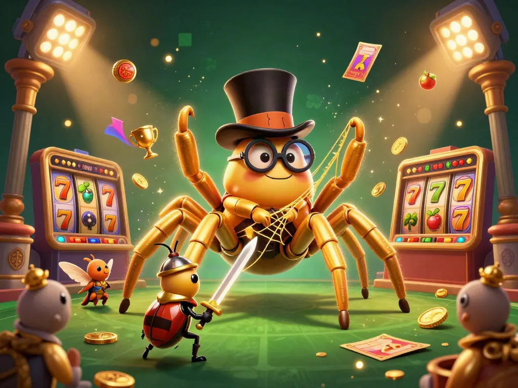Join the thrilling casino adventure with ku88 as a giant golden tarantula weaves its web among slot reels and playful characters.