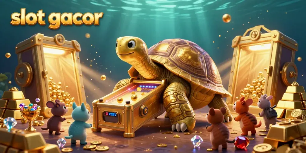 Engage with vibrant slot gacor games featuring a golden tortoise pinball machine amid treasures.