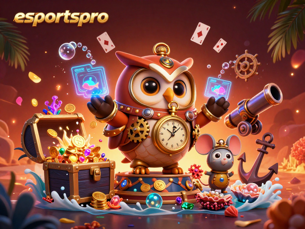 Engage with esportspro's exciting betting adventure featuring a steampunk owl, rich game elements, and a vibrant casino atmosphere.