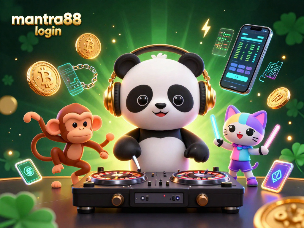 Experience the energy of mantra88 login with colorful characters and vibrant gaming elements in this 3D illustration.