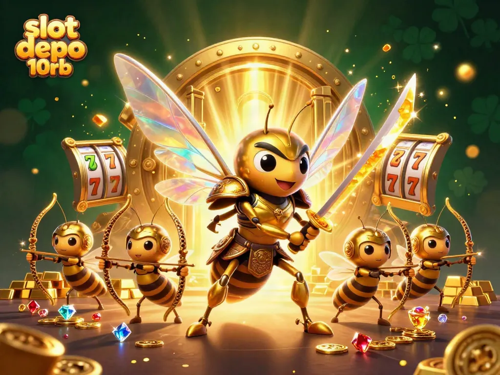 Experience thrilling slot games with slot depo 10rb and high jackpot potential in this captivating 3D scene.