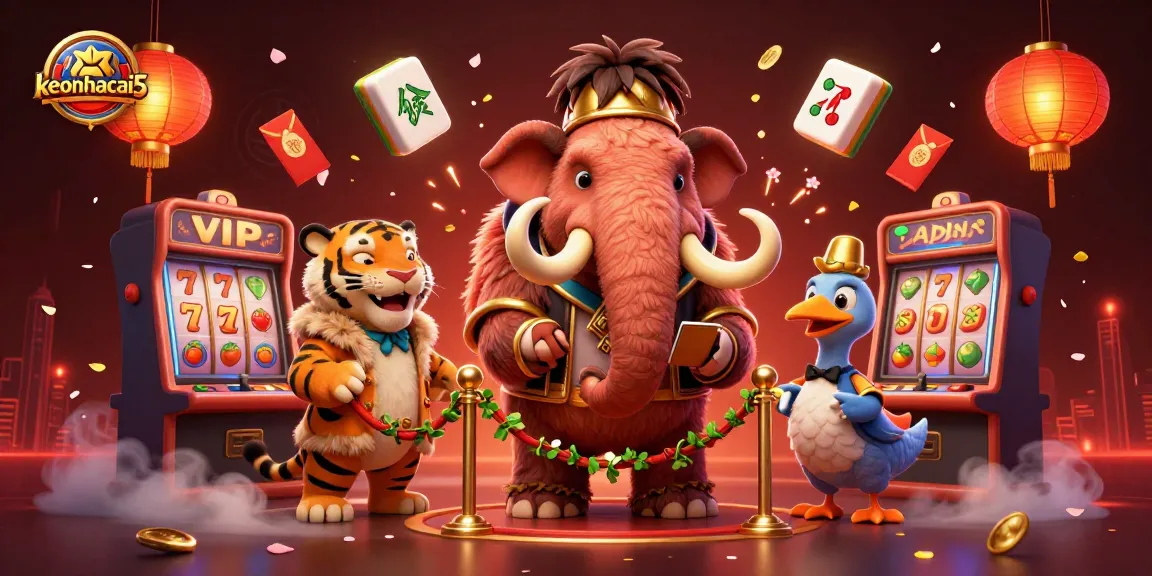 Join the excitement at keonhacai5 with a vibrant illustration of a mammoth bouncer and casino thrills.