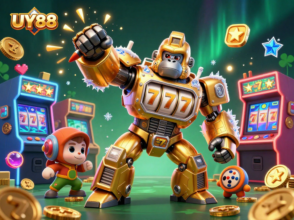 Experience the thrill of UY88 slots with an explosive golden gorilla mech in action!