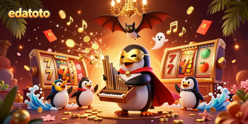 Play slots with edatoto's exciting golden penguin organ concert featuring vibrant coins and slot reels.