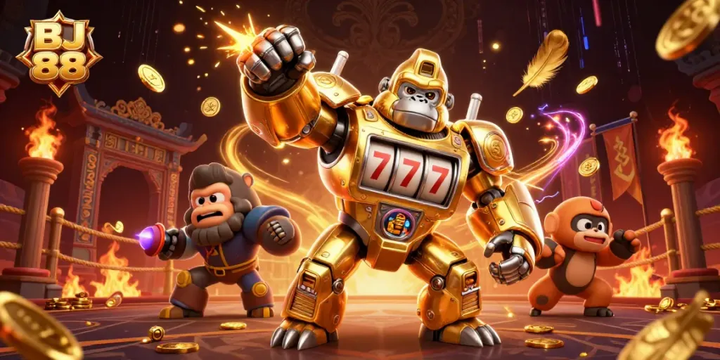 BJ 88 showcases a thrilling 3D scene featuring a golden gorilla mech and a tiny monkey pilot, symbolizing excitement in gambling.
