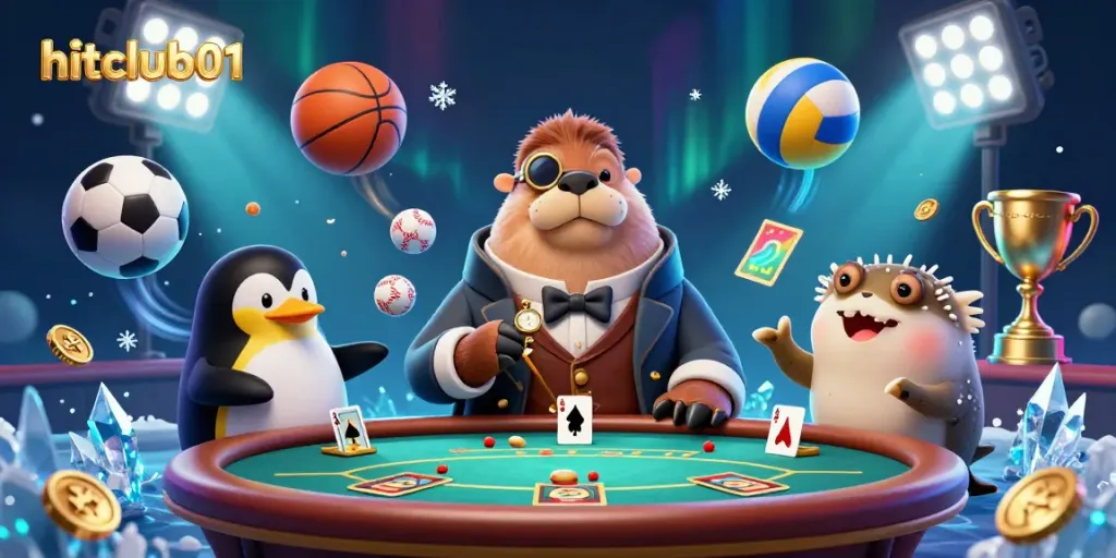 Experience intense gaming with hitclub01 featuring a charming walrus, penguin dealer, and pufferfish at an underwater poker table.