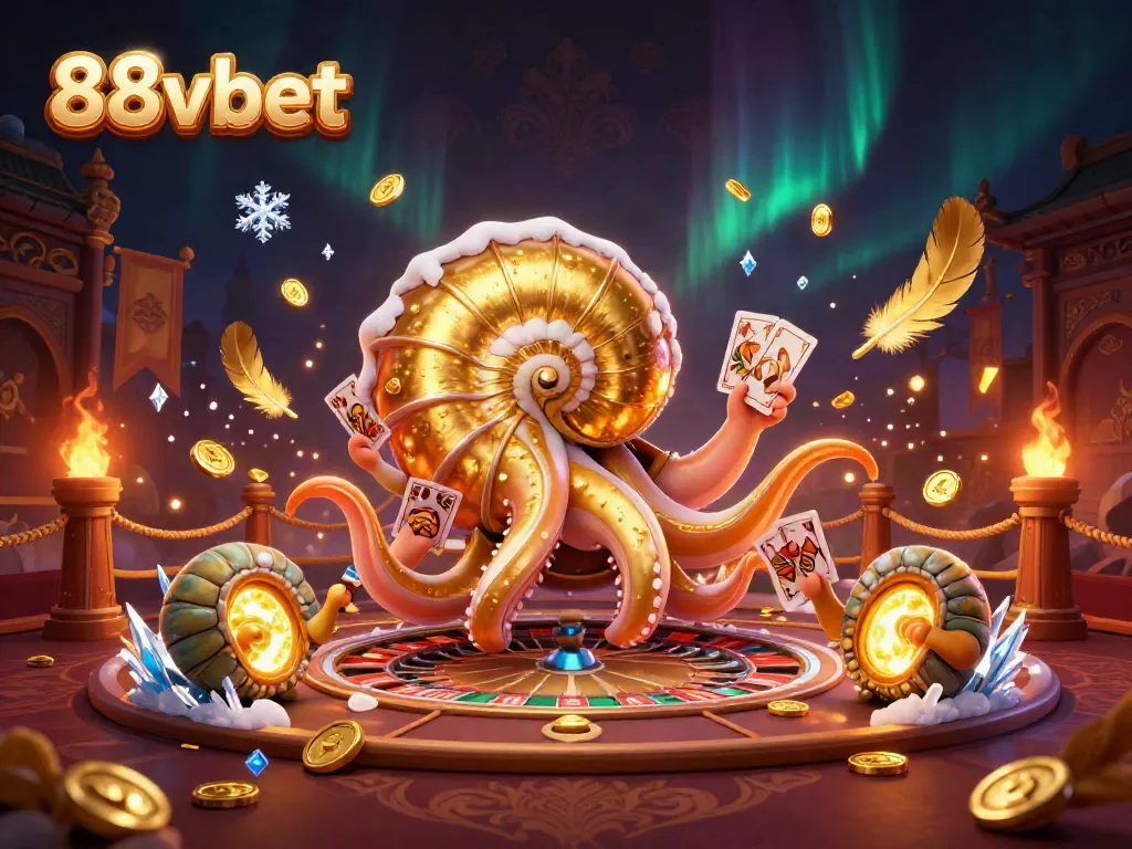 Engage with the thrilling world of 88vbet featuring a giant nautilus roulette wheel and glowing cards.