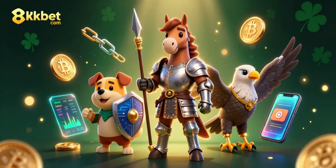 Immerse in thrilling gameplay at 8xbet com with a dynamic illustration of fantasy characters and crypto elements.