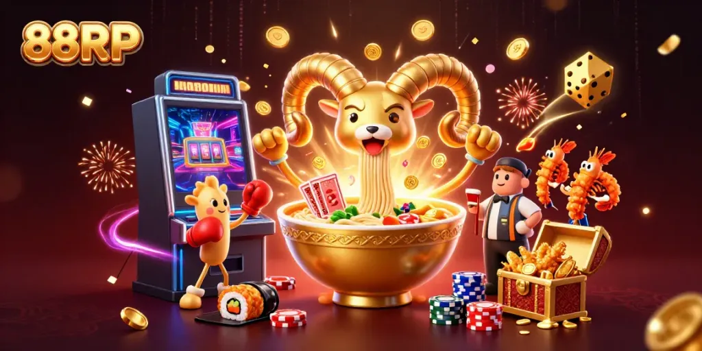 Experience the excitement of 88RP with a 3D golden ramen bowl dealer amidst a vibrant casino scene.