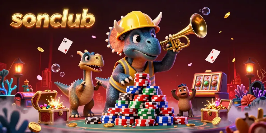 Experience fun action at sonclub with a dynamic 3D casino scene featuring a triceratops and parasaurolophus.