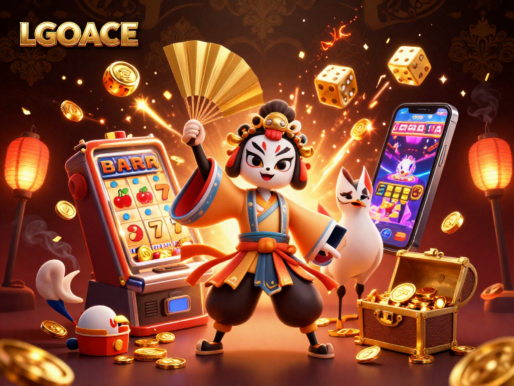 LGOACE showcases vibrant casino action with kabuki warrior, slot machine, and dynamic gaming elements.