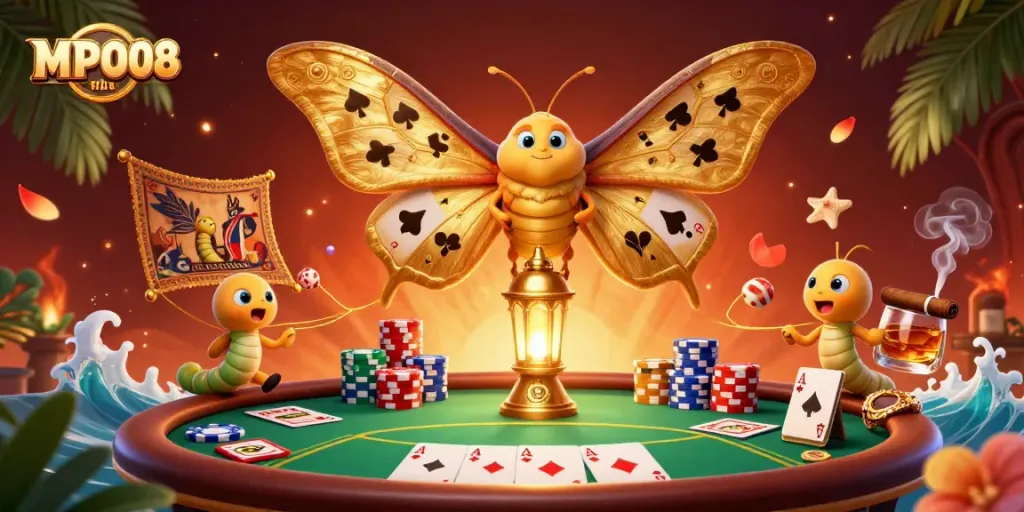 MPO08 offers a vibrant casino experience with golden moths and poker scenes.