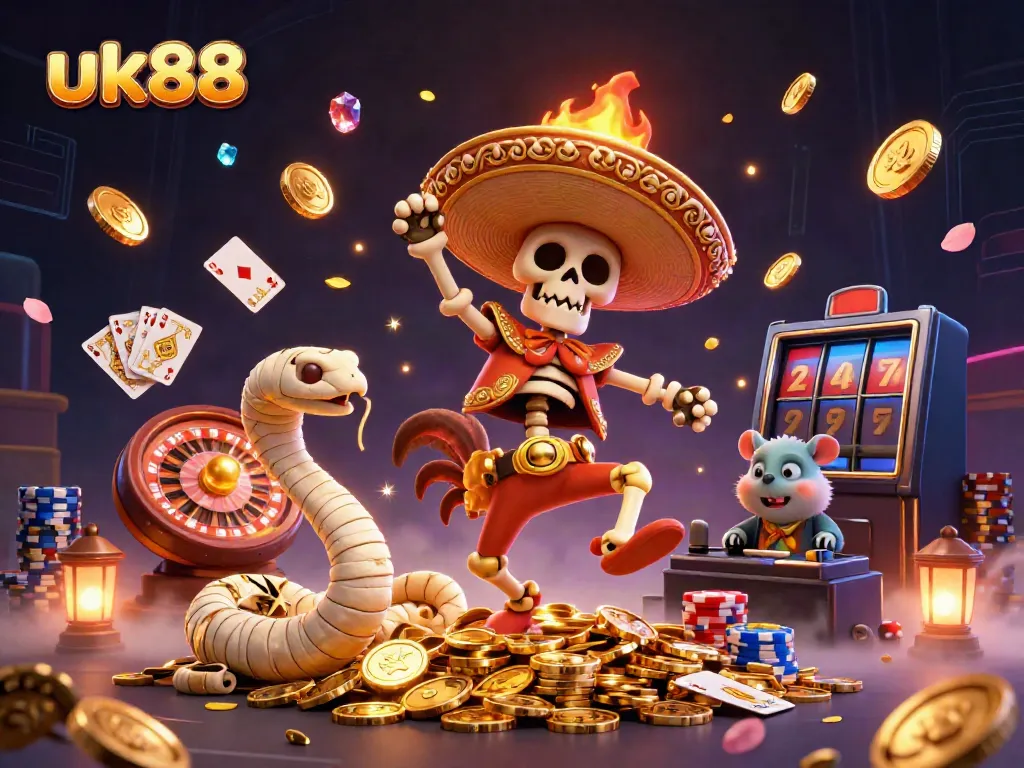 Experience the thrill of gaming with uk88 in this vibrant casino scene featuring a dancing rooster, mummy snake, and DJ hamster.
