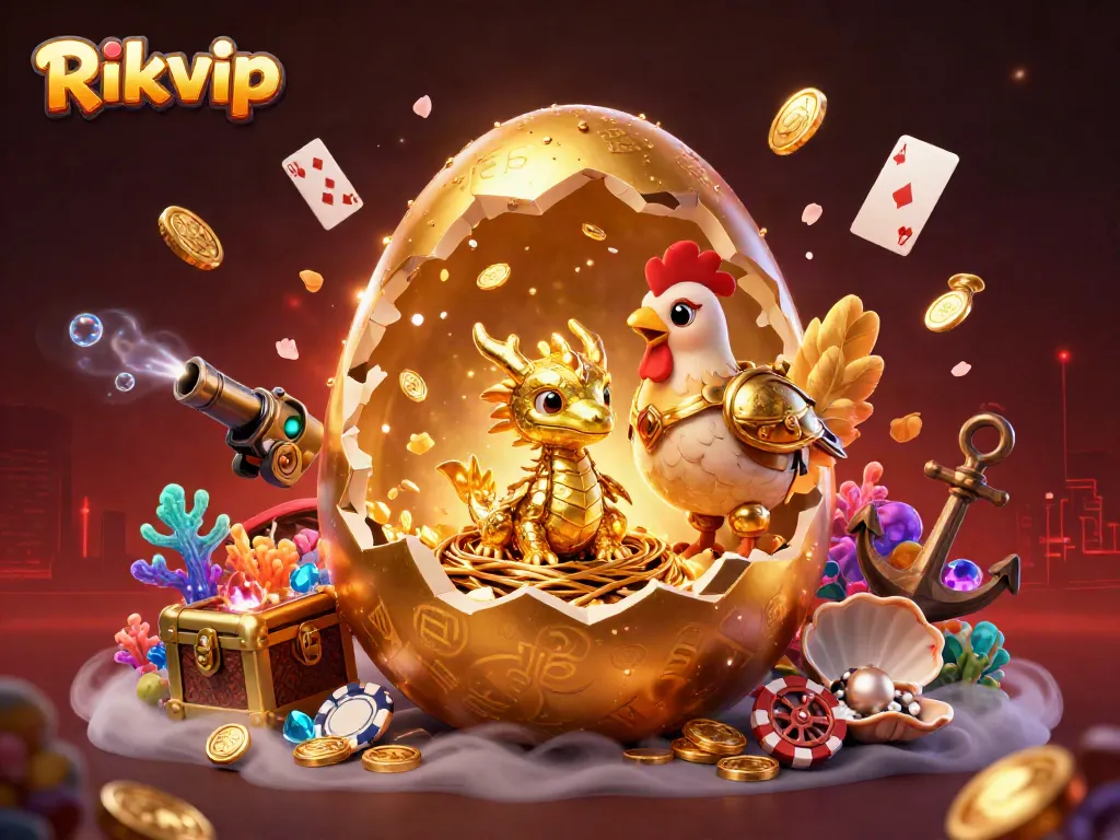 Experience the excitement of Rikvip with golden dragon and poker chips in a vibrant casino illustration.
