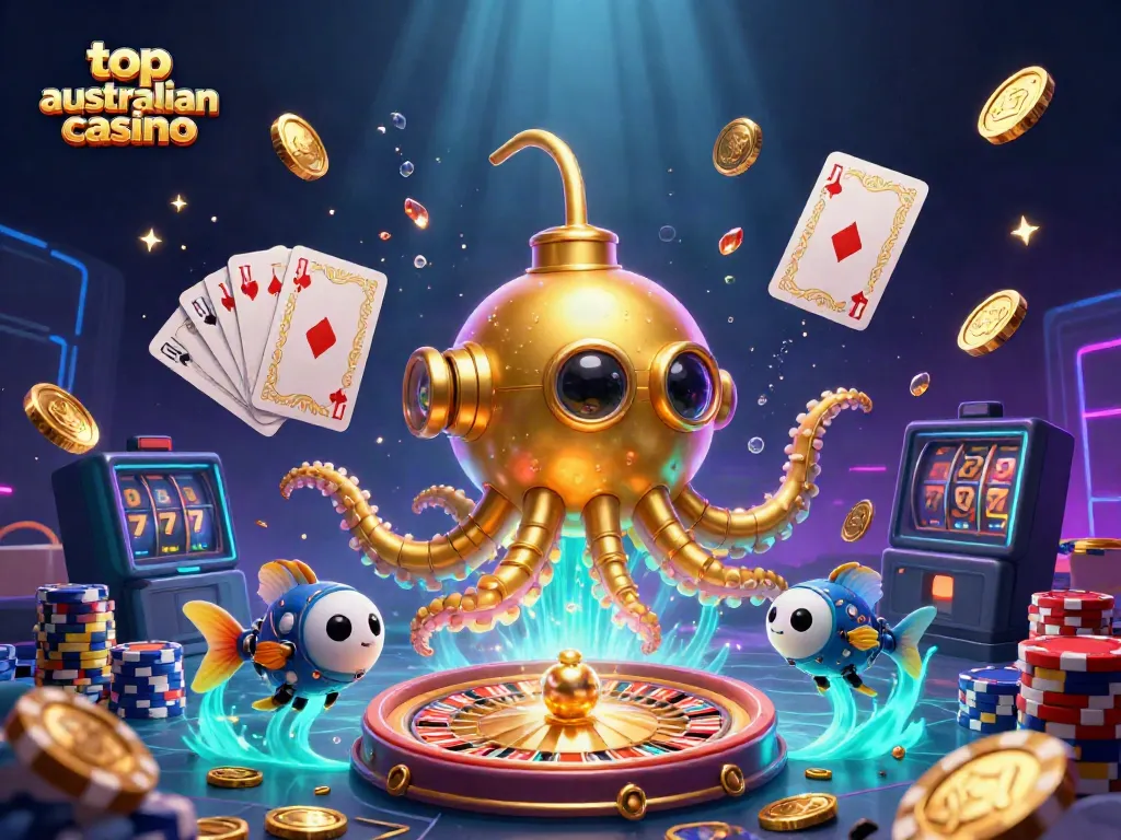 Experience the thrill of top australian casino with a vibrant 3D golden kraken submarine amidst cascading coins.