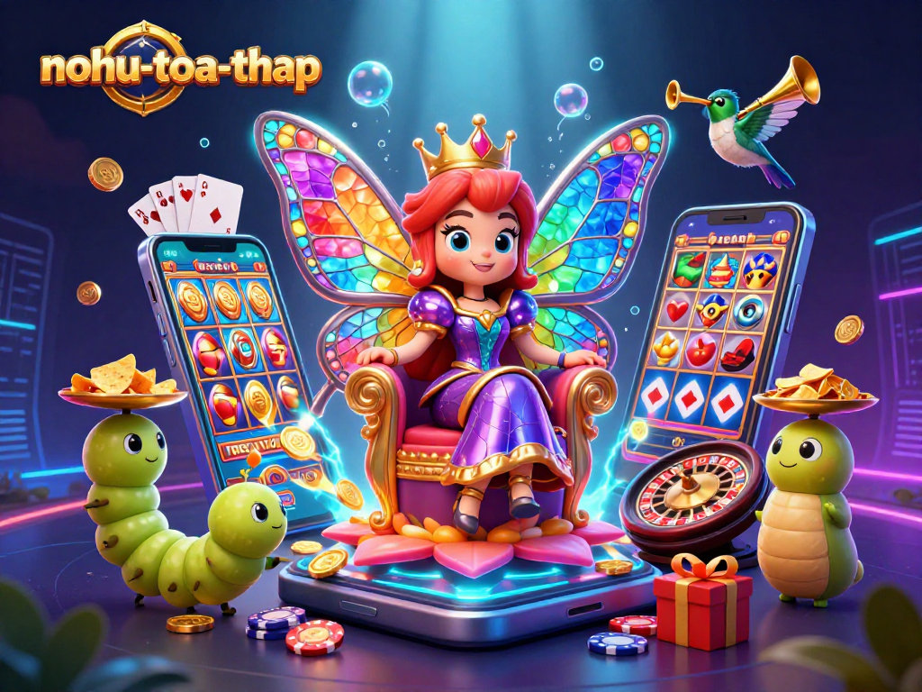 Spin the reels with nohu-toa-thap's captivating 3D butterfly queen within a vibrant casino scene.