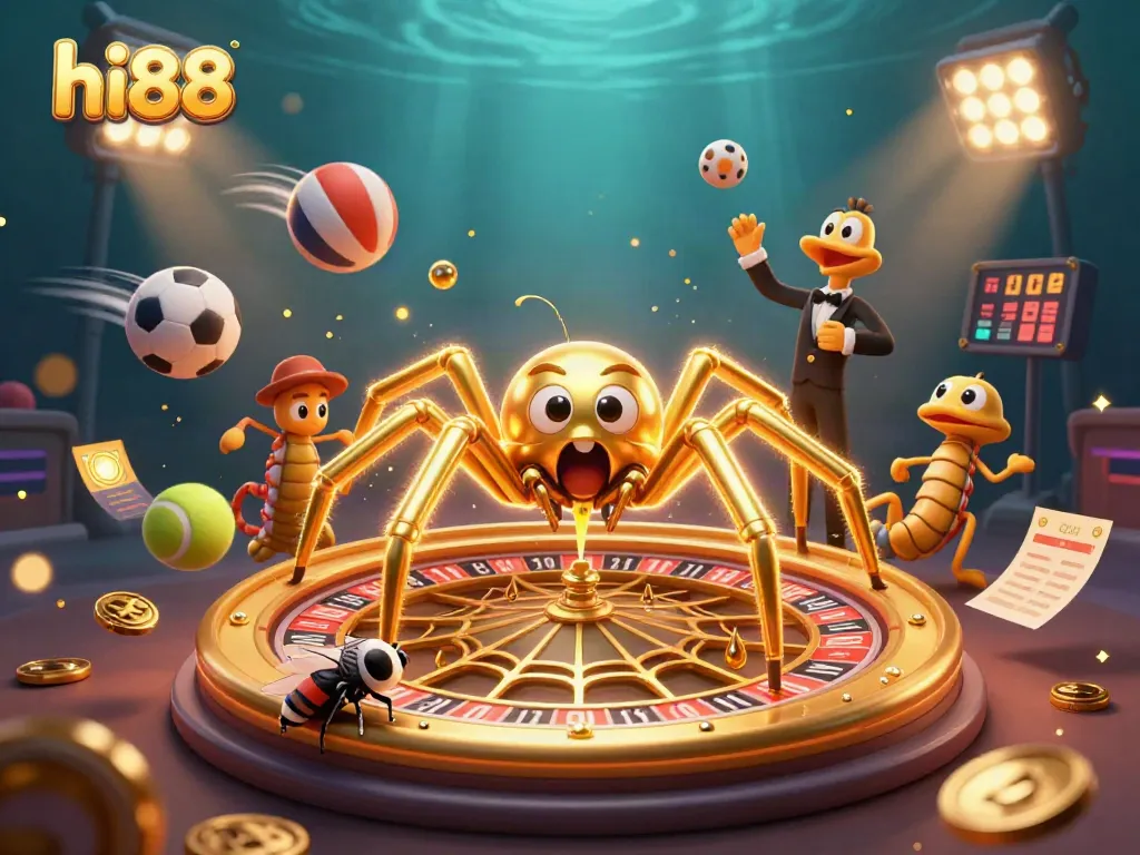 Join the excitement at hi88 with a golden web roulette scene filled with vibrant sports elements.