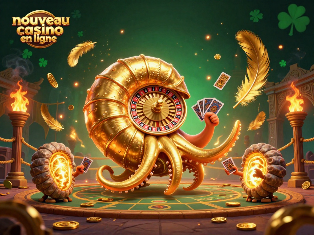 Jouez au nouveau casino en ligne avec ce nautilus 3D tenant des cartes, entouré de jetons d'or.