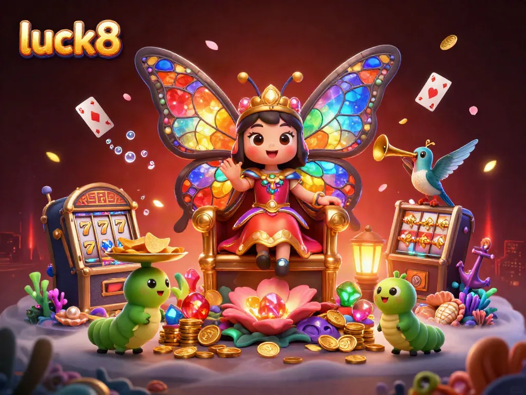 Engage with luck8's casino world featuring vibrant elements and stunning visuals, showcasing slots and treasures.