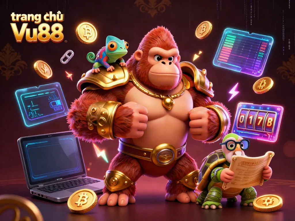 Experience the excitement of trang chủ Vu88 with a dynamic 3D scene featuring a powerful gorilla king and colorful crypto elements in a lavish casino environment.