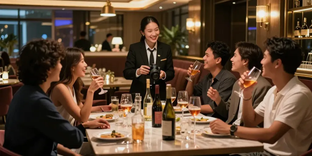 강남 구구단의 사적인 룸에서 친구들이 즐거운 대화를 나누는 모습