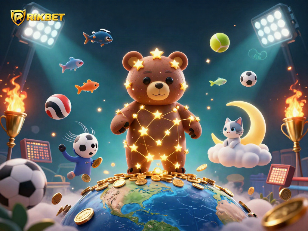 Experience RIKBET's dazzling casino scene with constellation bear, sports elements, and golden treasures.