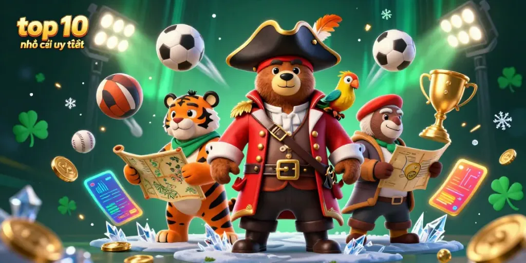 Experience top 10 nhà cái uy tín with a dynamic 3D illustration featuring casino gaming elements and characters.