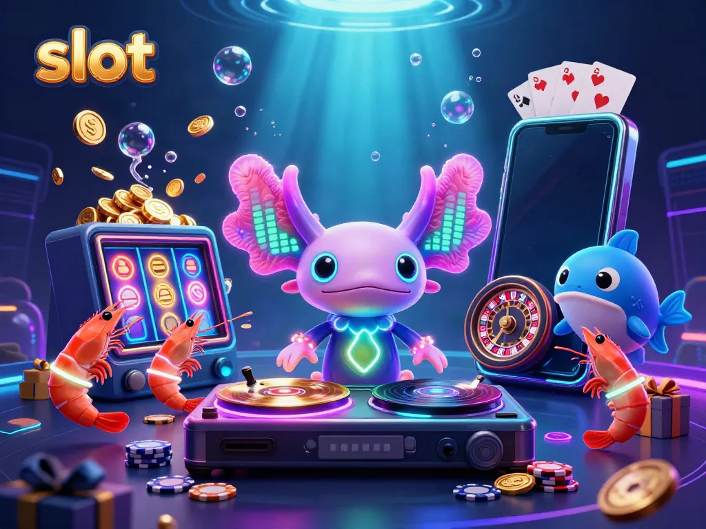 Experience thrilling slot gameplay with animated characters featuring axolotl DJ, shrimp dancers, and vibrant slot game elements.