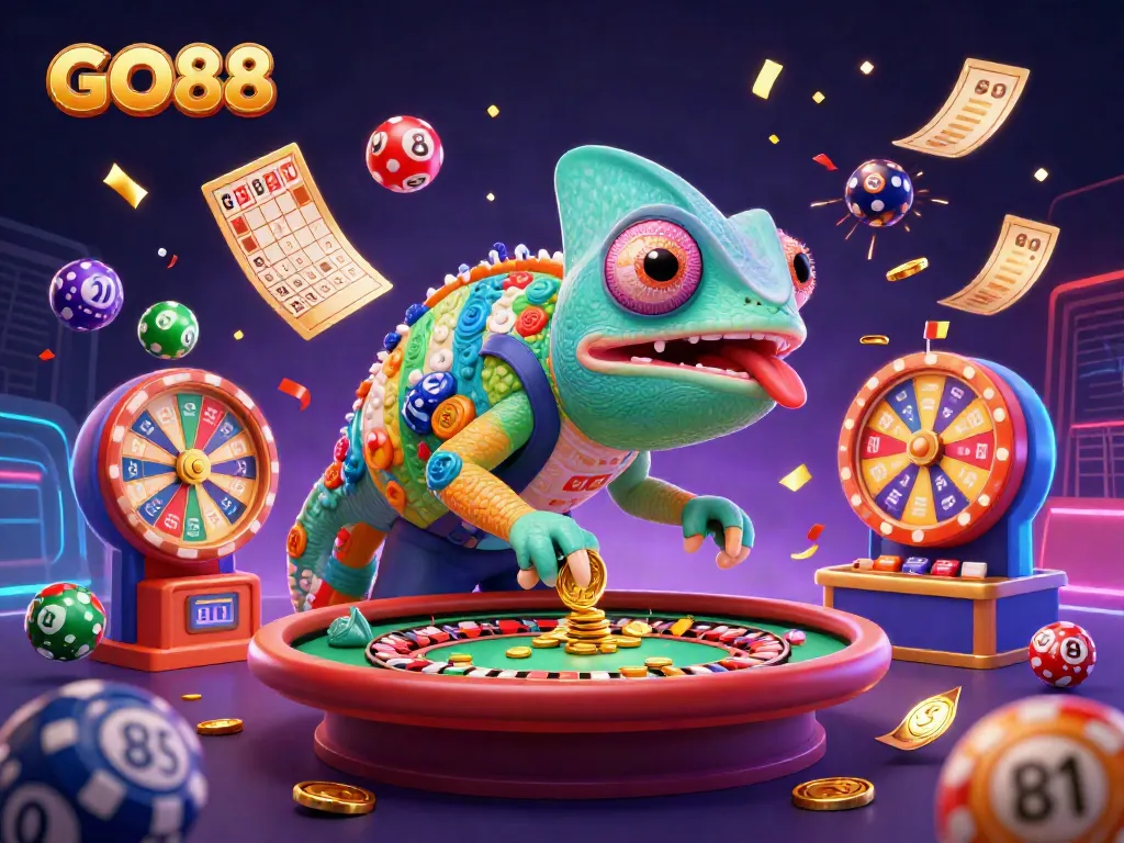 Experience the excitement of GO88 with a vibrant 3D chameleon casino owner and engaging game elements.