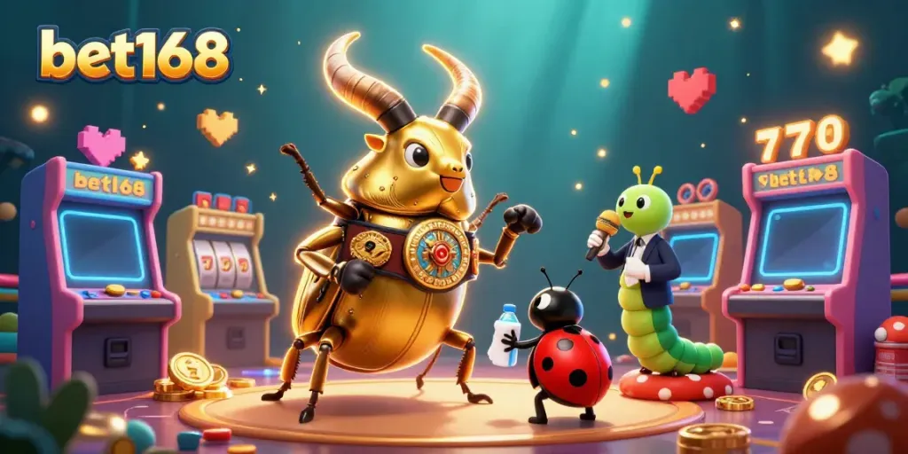 Engage in the thrilling world of bet168 with vibrant gaming characters amidst casino elements.