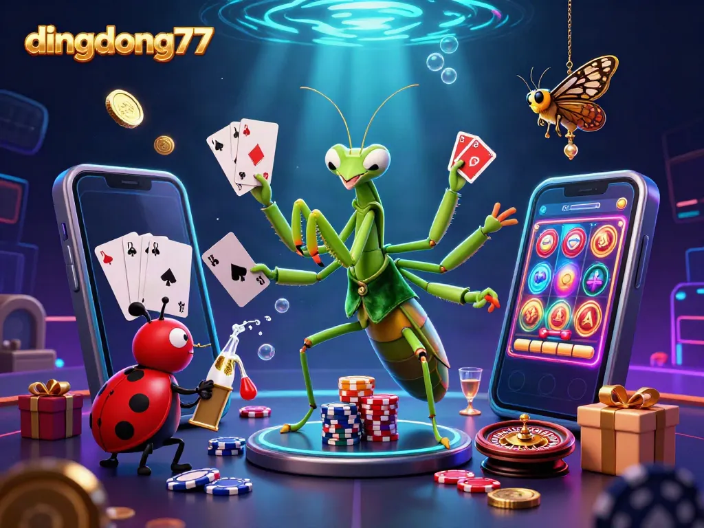Engage with dingdong77's vibrant casino illustration showcasing 3D characters and dynamic gaming elements.