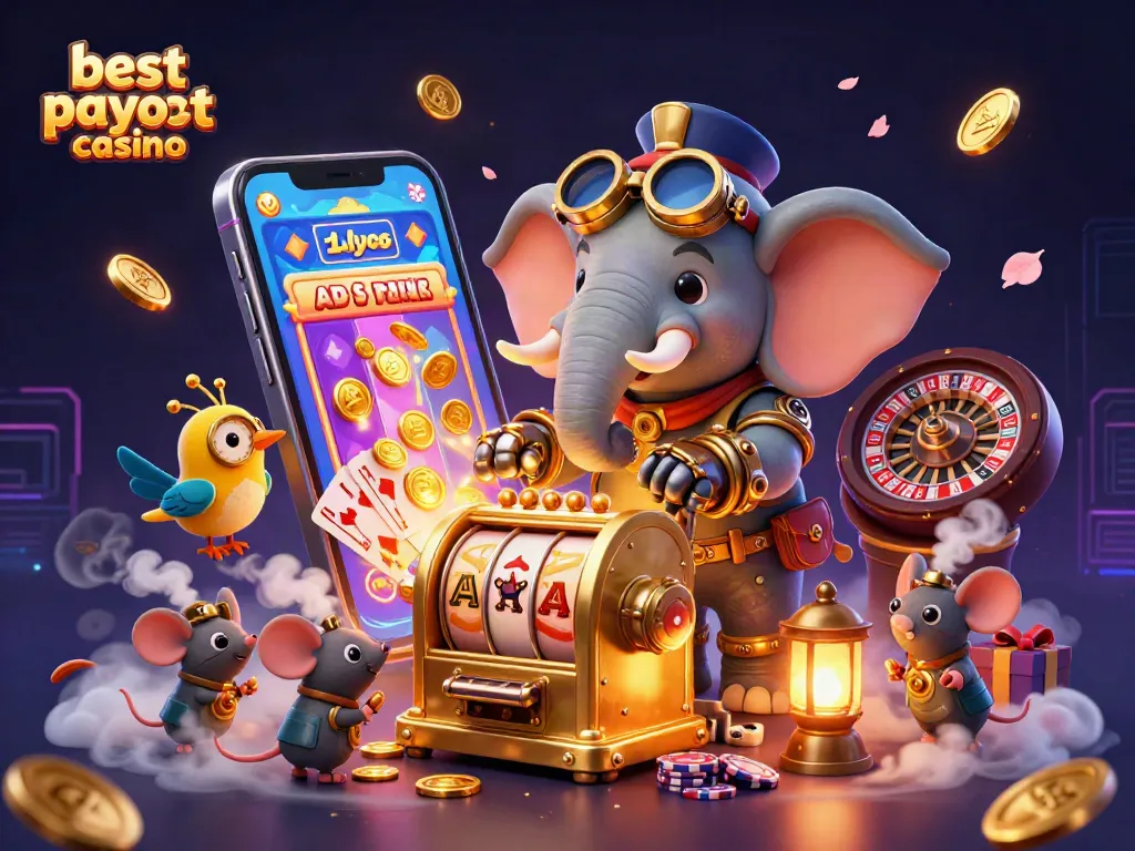 Experience the thrill of best payout casino with a steampunk elephant operating a golden slot machine amidst dynamic game elements.