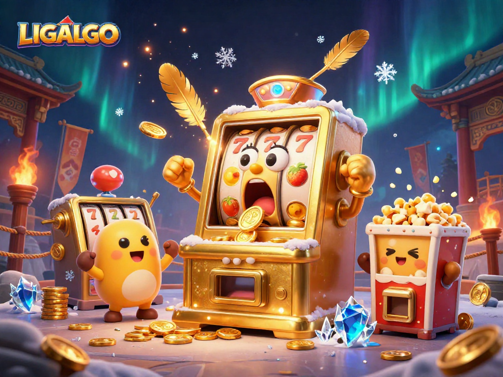 LIGALGO slot machine celebration scene with shocked character, cheering baby machines, and dynamic game elements