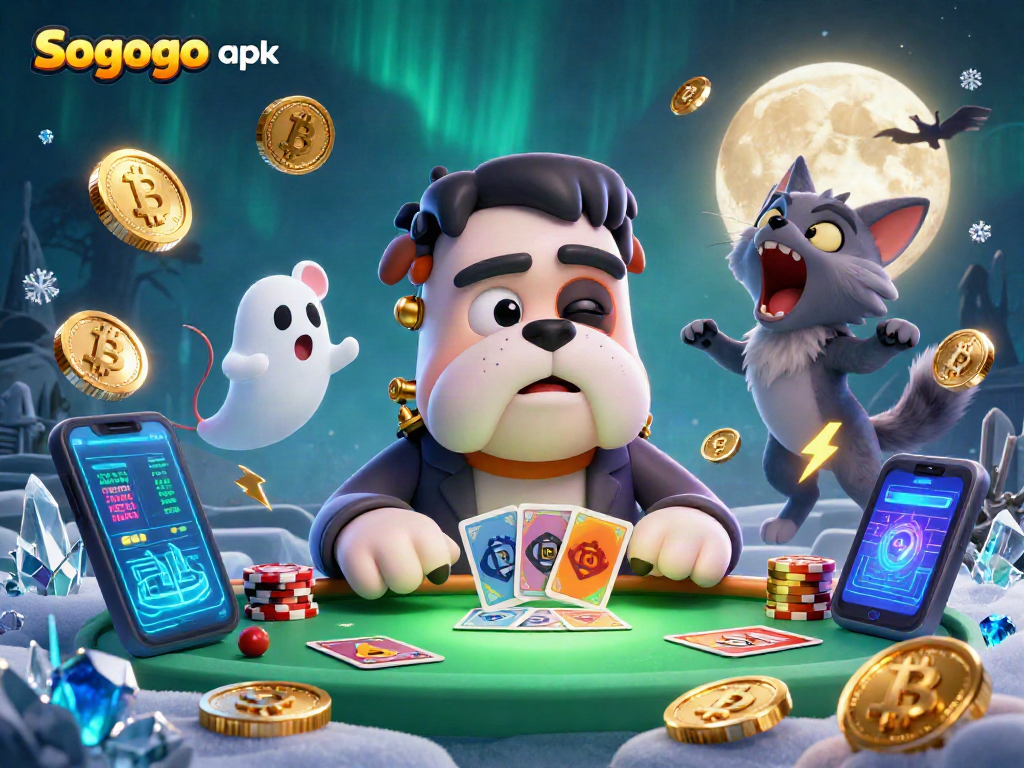 Play Sogogo apk: Exciting card game with a whimsical Frankenstein bulldog and crypto elements.