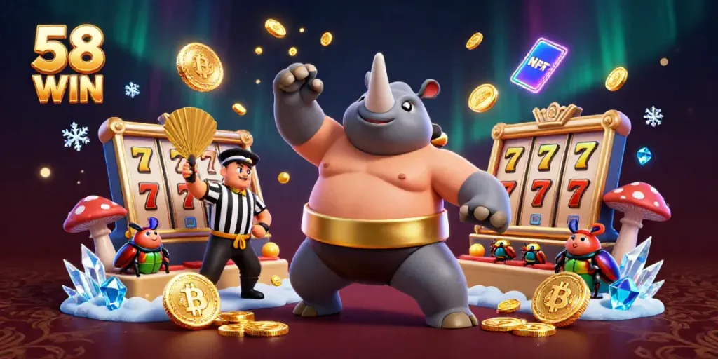 Experience exciting gameplay with 58 WIN as beetles celebrate a big win with golden coins flying.