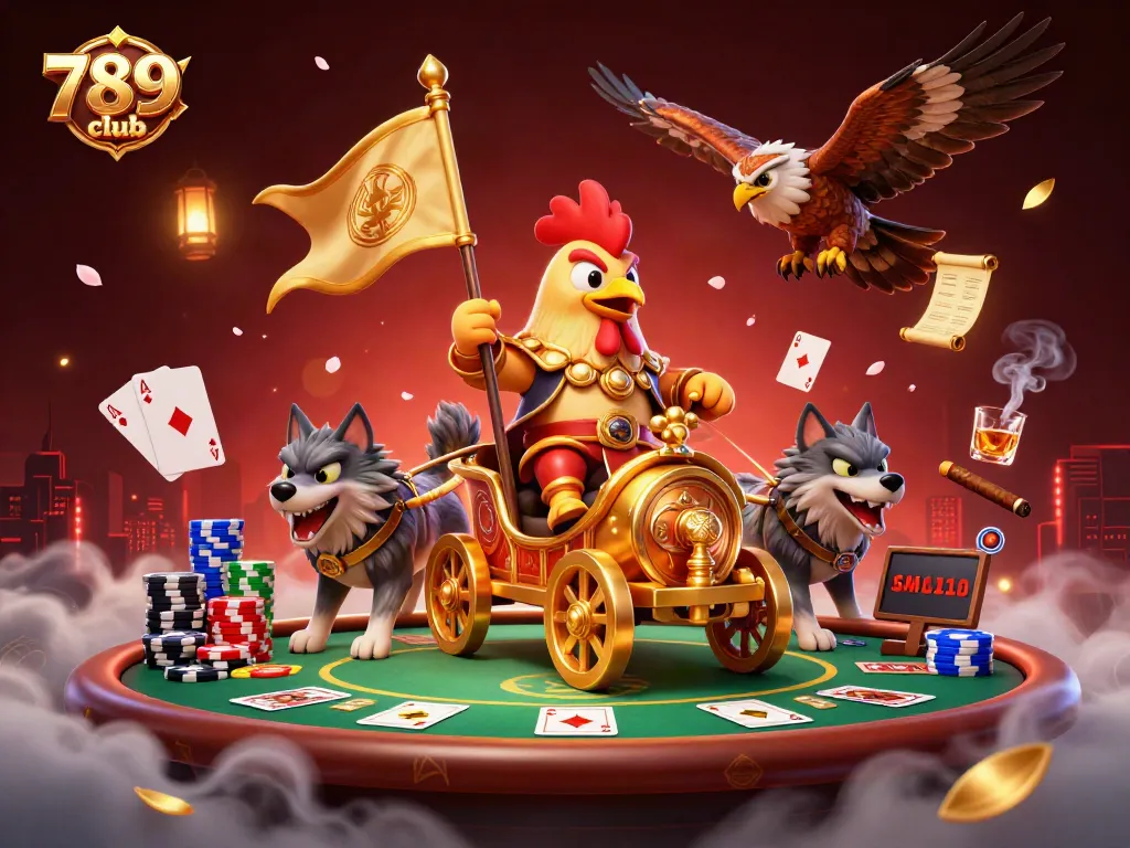 Engage with 789club through an epic scene of a rooster warlord in a casino battle chariot.