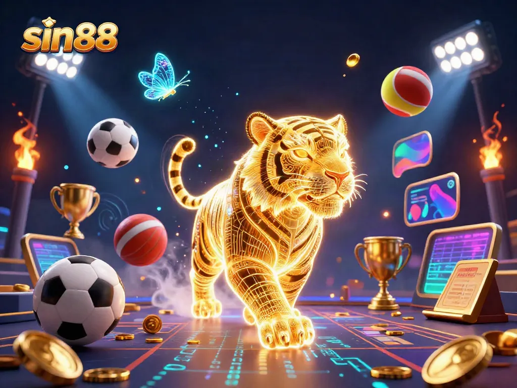 Experience the thrill of sin88 with a neon tiger in a vibrant digital casino landscape.