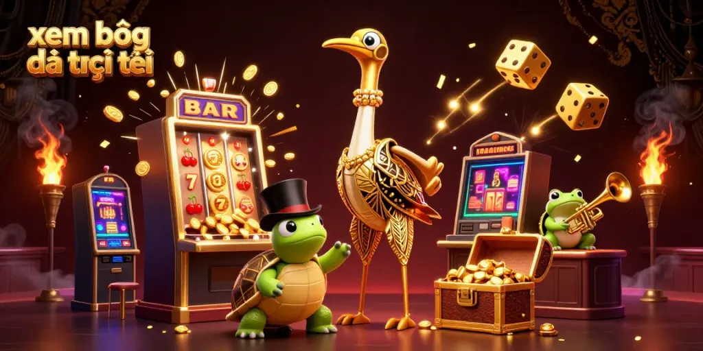 Experience xem bóng đá trực tuyến with vibrant 3D characters and casino elements exploding with action.
