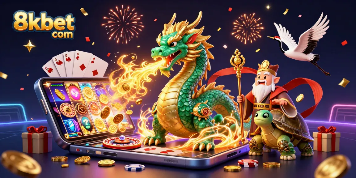 Experience engaging games with 8xbet com, featuring vibrant 3D dragon and gameplay elements.