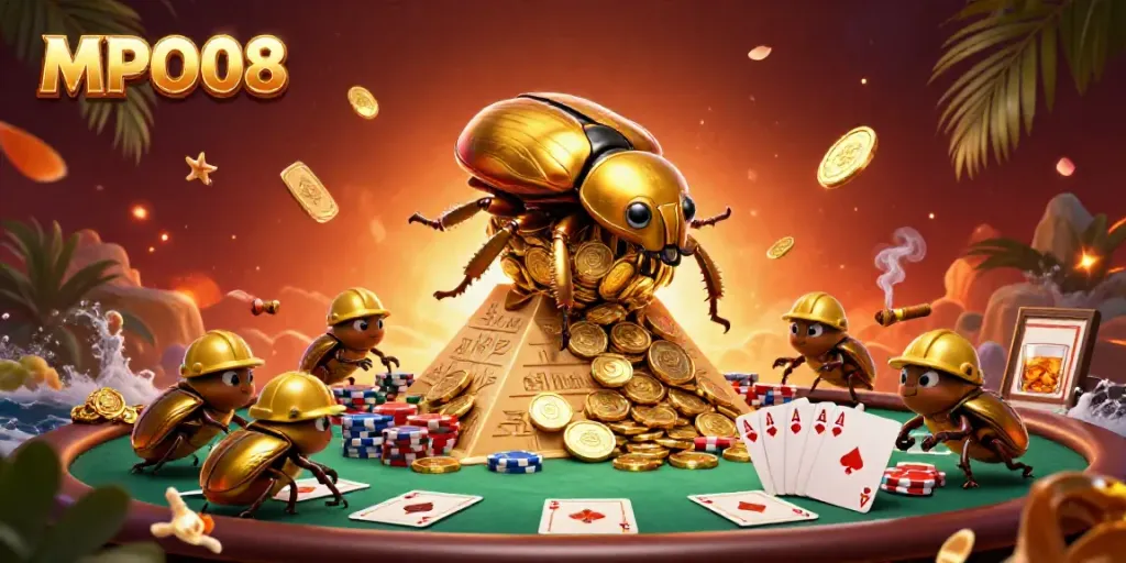 Experience the excitement of MPO08 with a golden beetle rolling coins and poker elements.