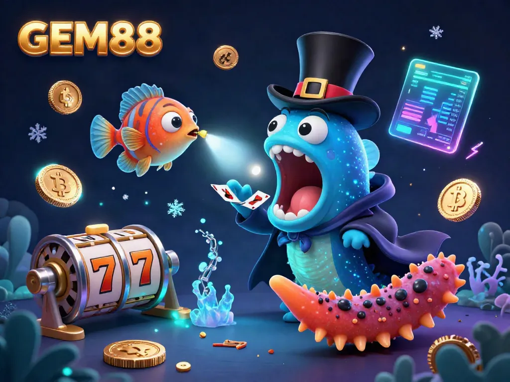 Experience the excitement of GEM88 as a deep-sea gulper eel performs magical card tricks amidst vibrant slot elements and crypto coins.