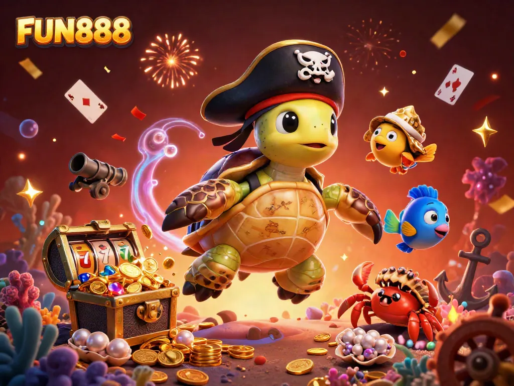 Experience the excitement of FUN888 with a vibrant underwater casino themed scene featuring engaging 3D characters.