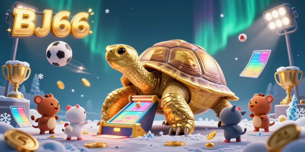 Experience the excitement of BJ66 with a colorful scene featuring a colossal golden tortoise pinball machine amidst sports action.