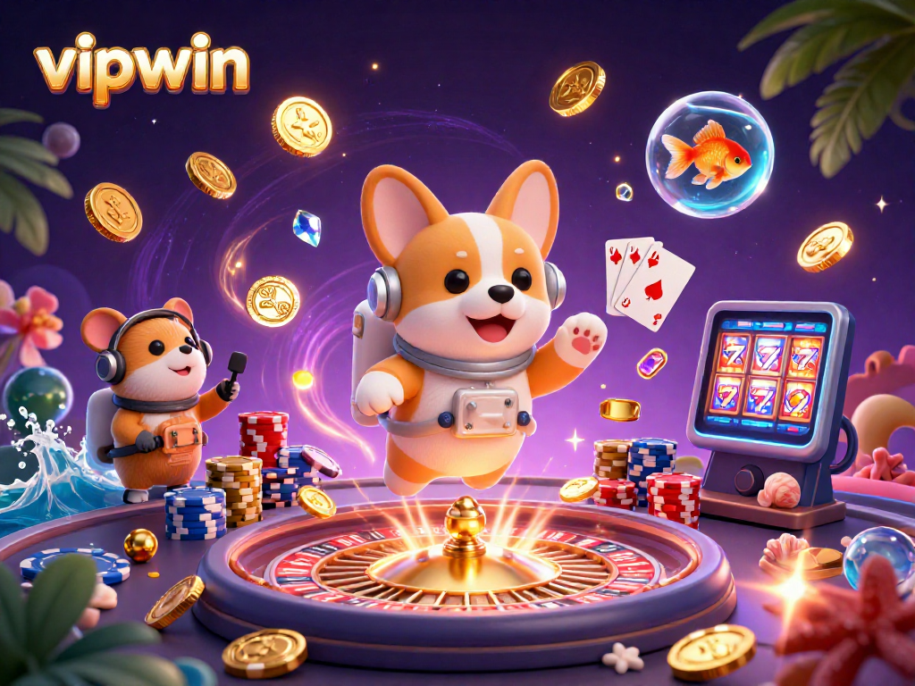 Engage in exciting gameplay at vipwin with vibrant casino action featuring a floating corgi and dynamic elements.